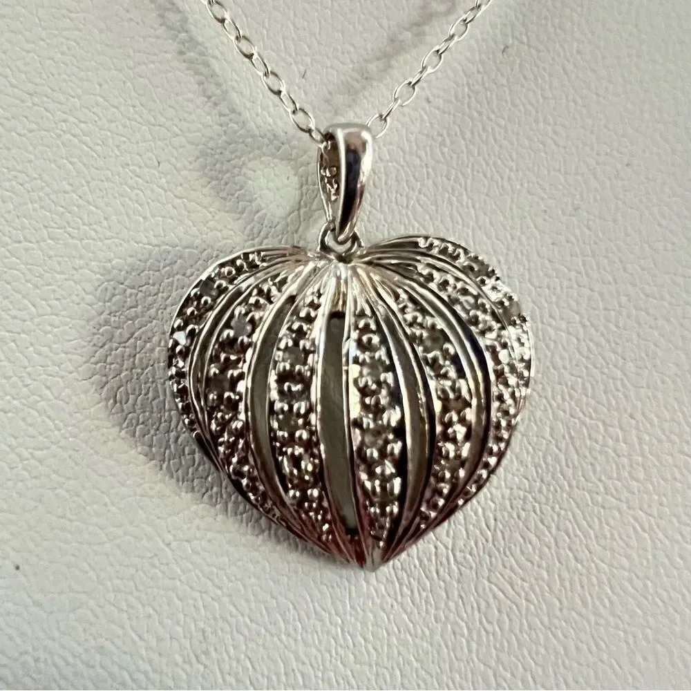 Sterling Silver and Diamond Sliced Heart Necklace Signed HOU - Picture 6 of 9